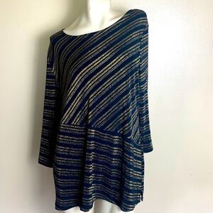 CHICO'S Travelers Top XL Sz 3  black Gold Stripe Blouse Stretch Wrinkle Resist